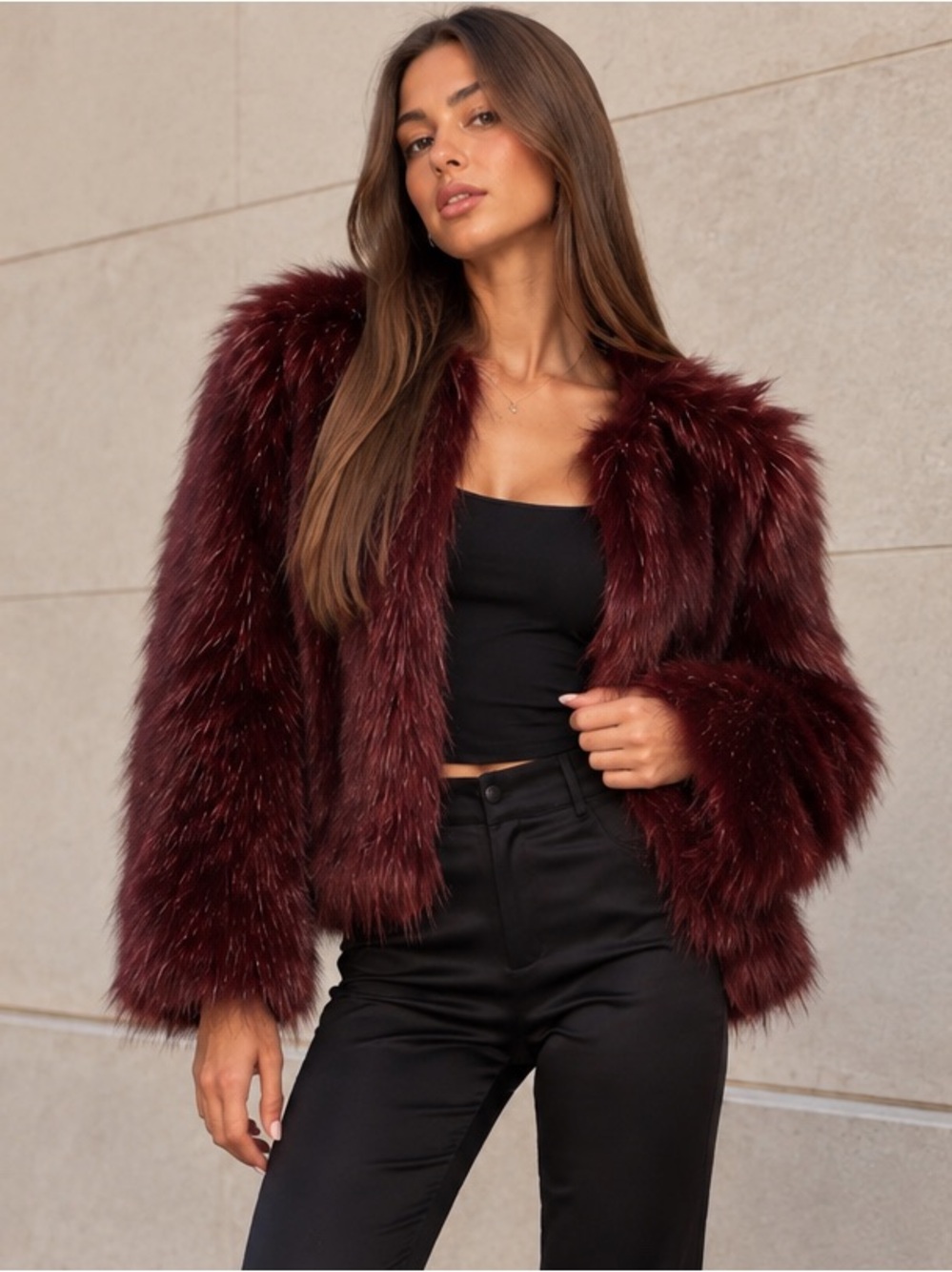Stradivarius Burgundy Faux Fur Statement Jacket Size S